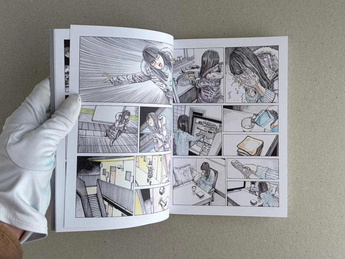 Open spread from TRACT (pocket edition) by Shintaro Kago, showing multiple comic panels with a woman in winter clothing and close-up domestic scenes.