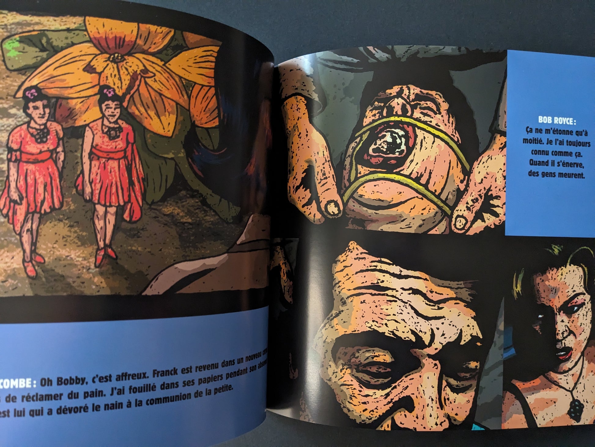 Traumavision interior spread with collage-like panels, including twin girls, a hand holding an eye, and close-up faces.