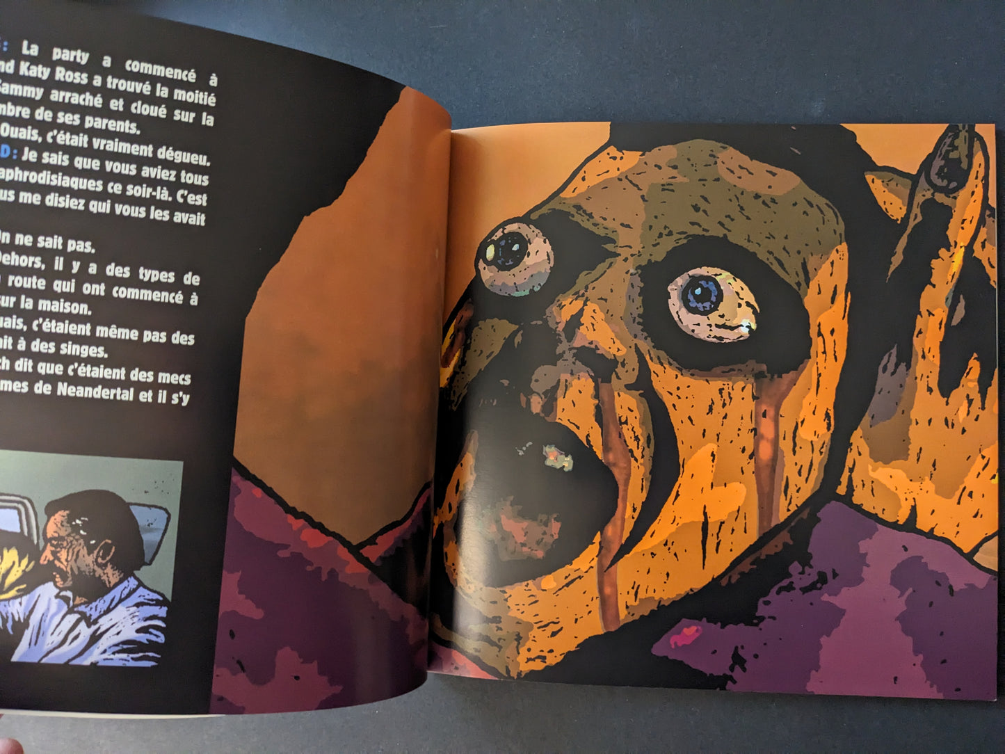 Traumavision interior spread with a close-up face, bulging eyes, and an orange-brown background.