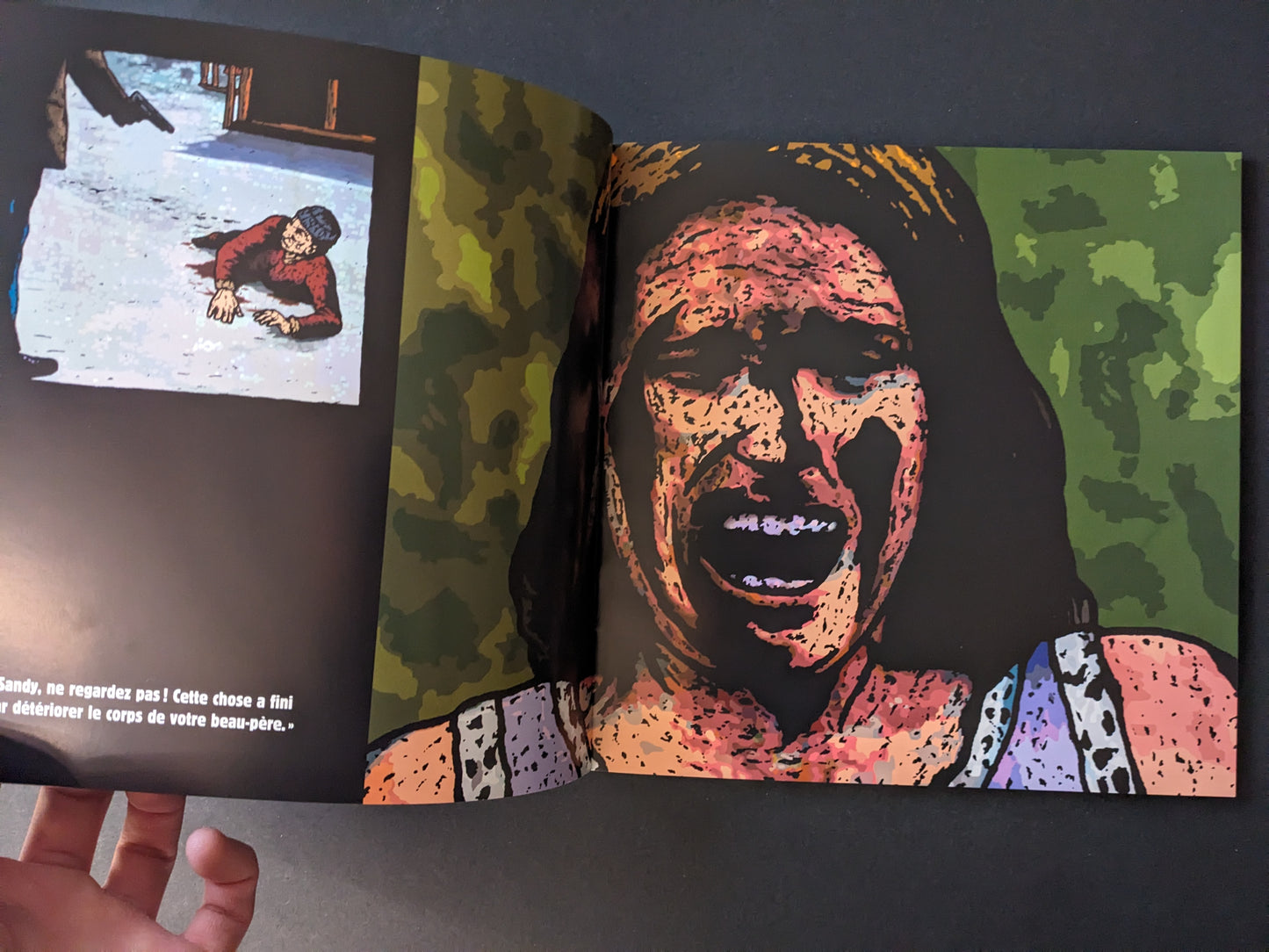 Traumavision interior spread showing a woman screaming against a green background.