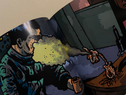Traumavision interior spread showing a man exhaling a yellow cloud toward a small creature on a table.