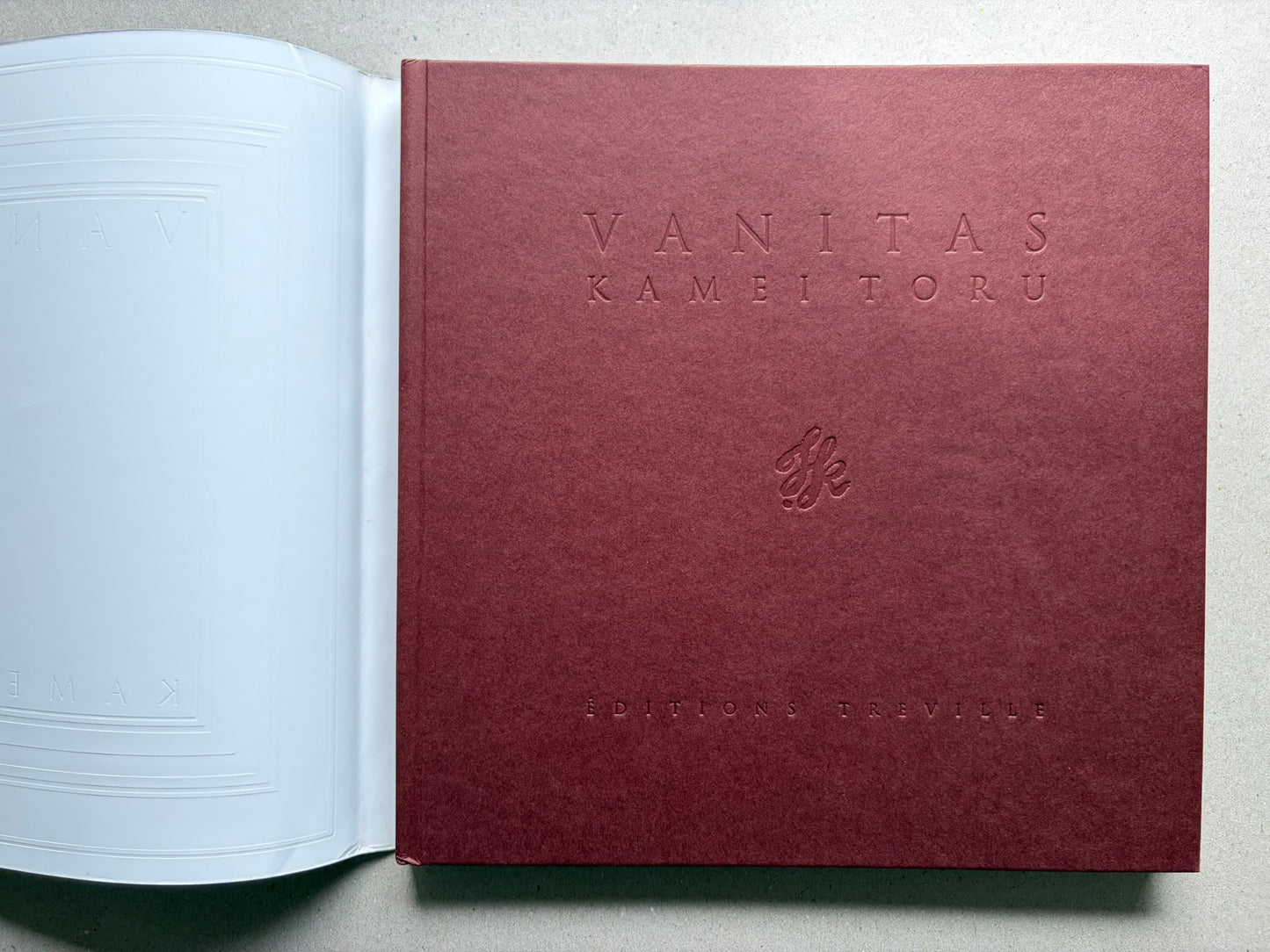 VANITAS by Toru Kamei, open to the maroon title page and white endpaper.
