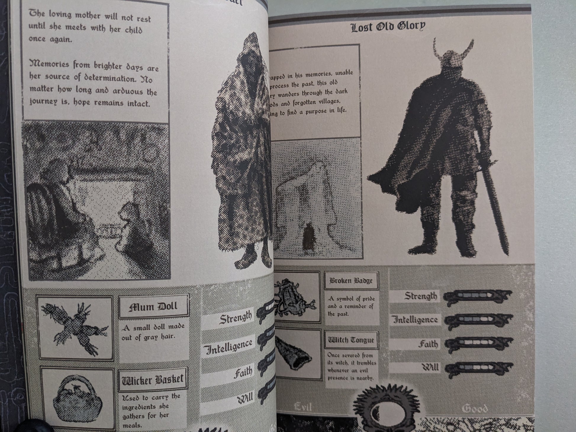 Interior page showing RPG-style character stats, items such as Mum Doll and Witch Tongue, and the character Lost Old Glory