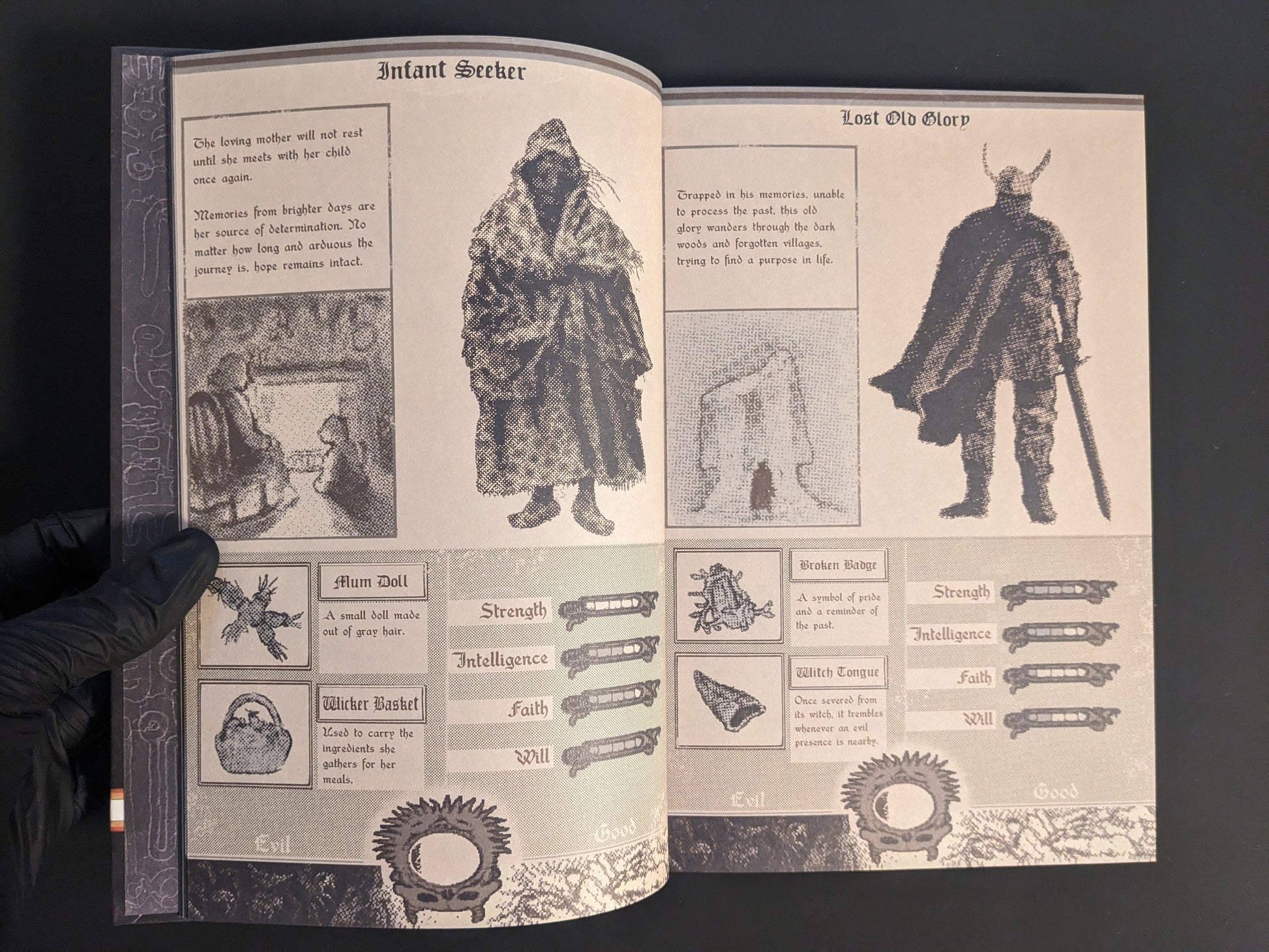 Illustrated character designs and stats page from Vermis I – Lost Dungeons and Forbidden Woods (Forsaken Edition).
