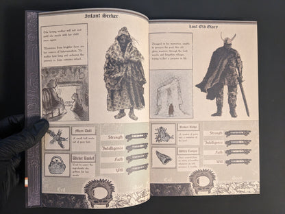 Illustrated character designs and stats page from Vermis I – Lost Dungeons and Forbidden Woods (Forsaken Edition).