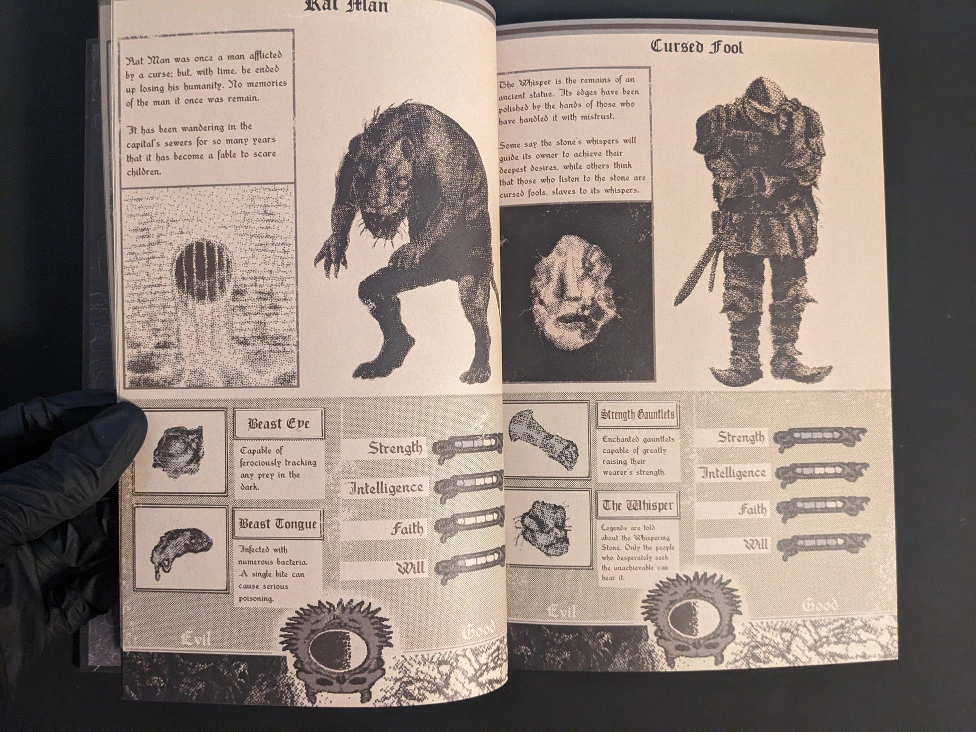 Dark fantasy creatures and stats page from Vermis I – Lost Dungeons and Forbidden Woods (Forsaken Edition) art book.