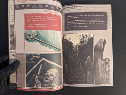 Page featuring sword illustration and tomb imagery from Vermis I – Lost Dungeons and Forbidden Woods (Forsaken Edition).