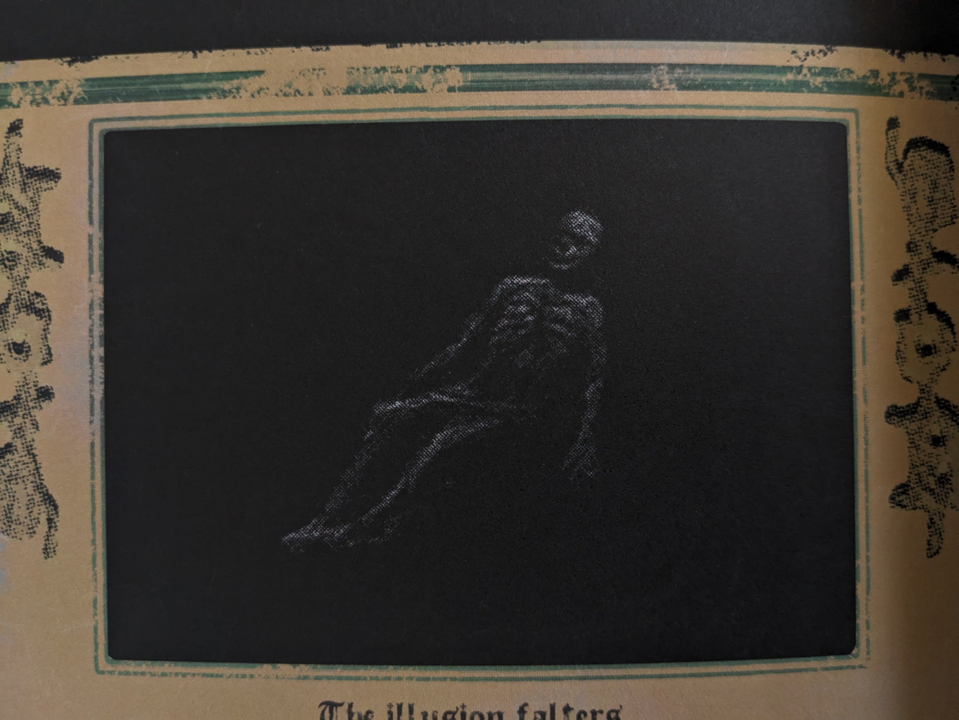 Final page showing a ghostly skeletal figure titled The illusion falters against a black void