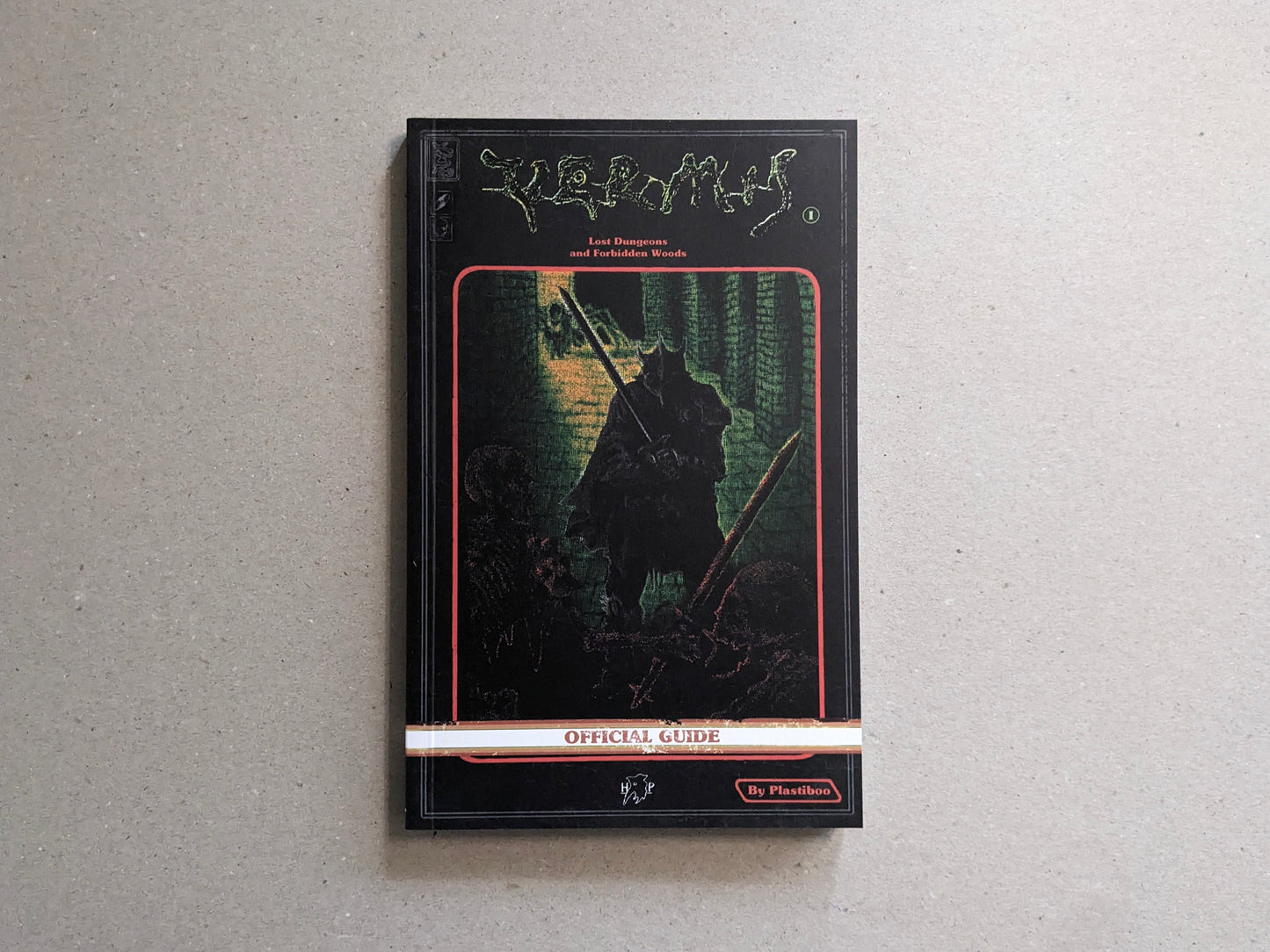 Front cover of Vermis I: Lost Dungeons and Forbidden Woods by Plastiboo, with a black-armored knight facing dungeon creatures in retro pixel art