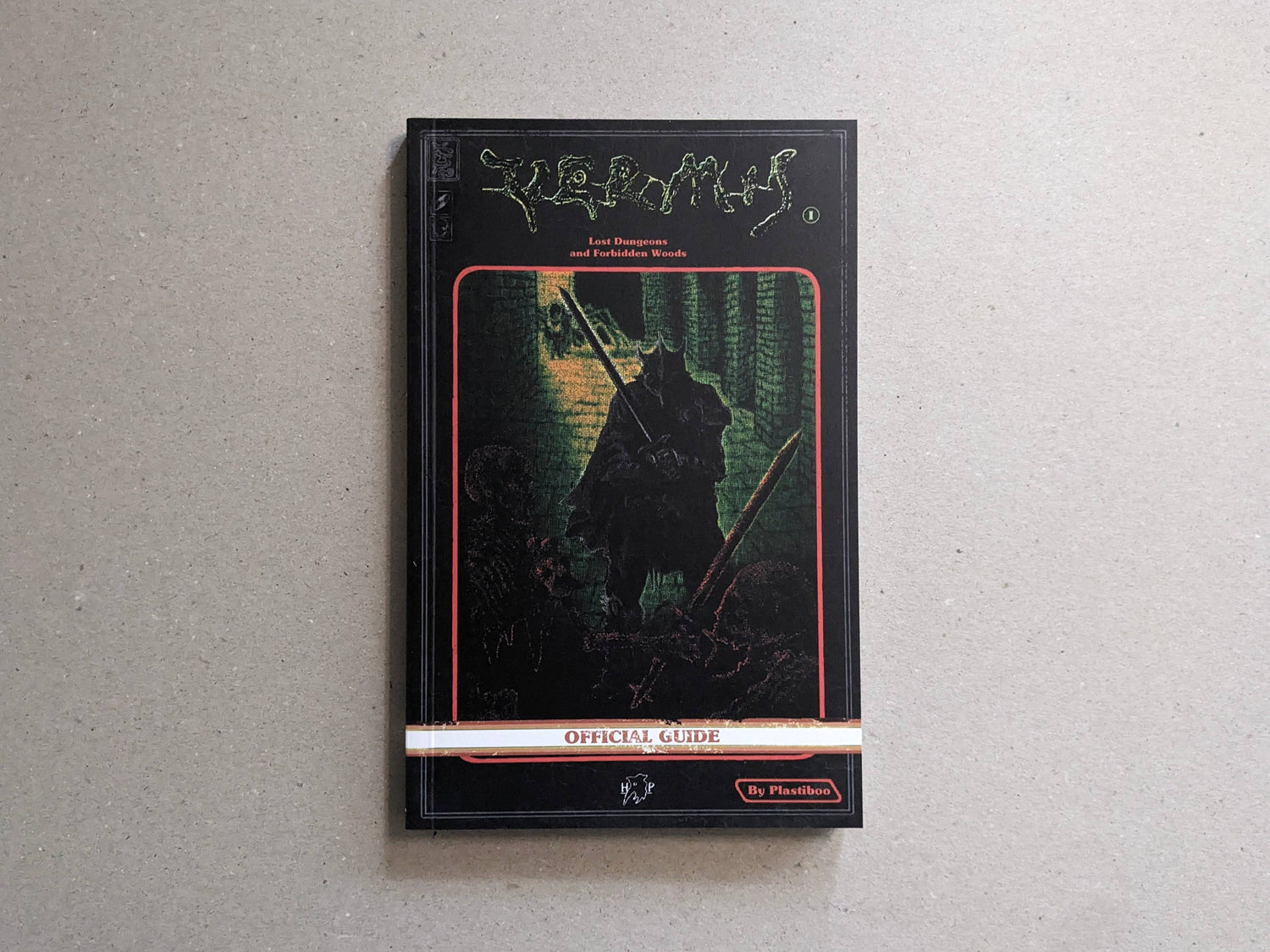 Front cover of Vermis I: Lost Dungeons and Forbidden Woods by Plastiboo, with a black-armored knight facing dungeon creatures in retro pixel art