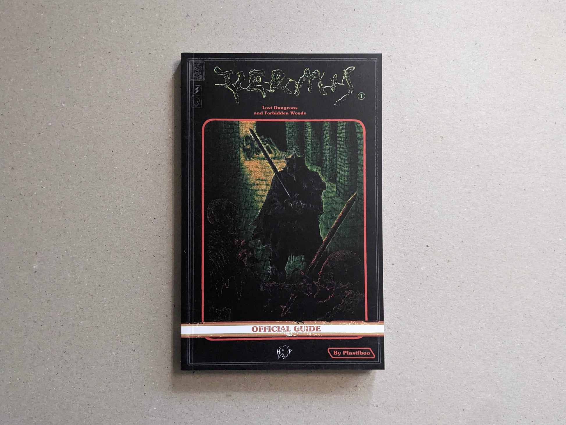 Front cover of Vermis I: Lost Dungeons and Forbidden Woods by Plastiboo, with a black-armored knight facing dungeon creatures in retro pixel art