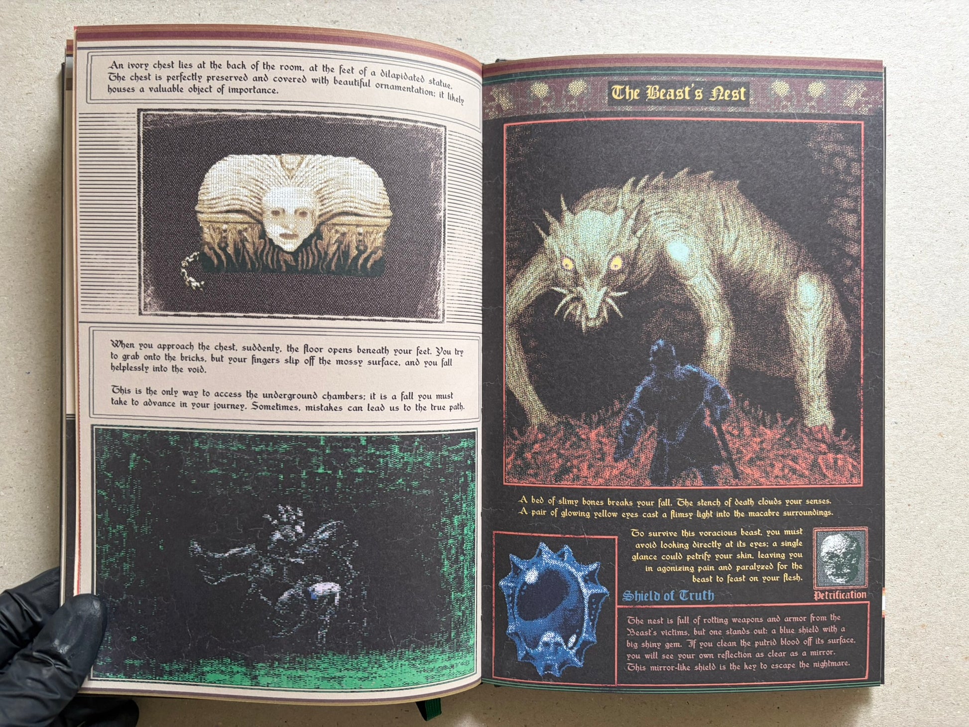 Open spread titled The Beast's Nest, with a large beast facing a figure in blue and a blue shield illustration below.