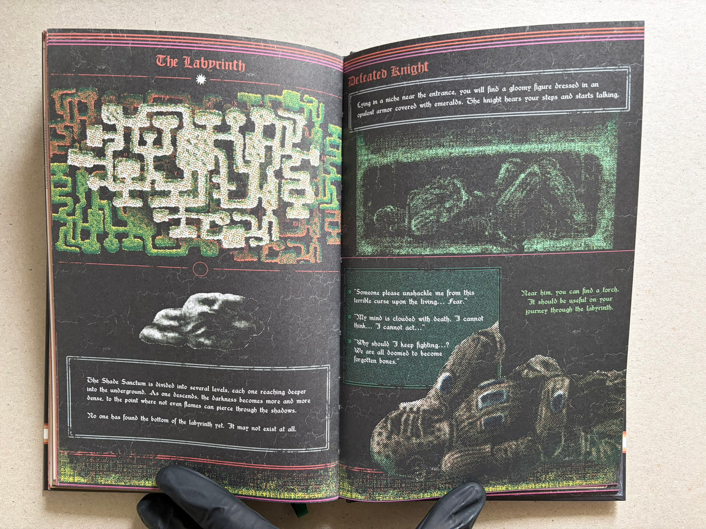 Open spread titled The Labyrinth and Defeated Knight, with a maze map on the left and a fallen armored figure on the right.