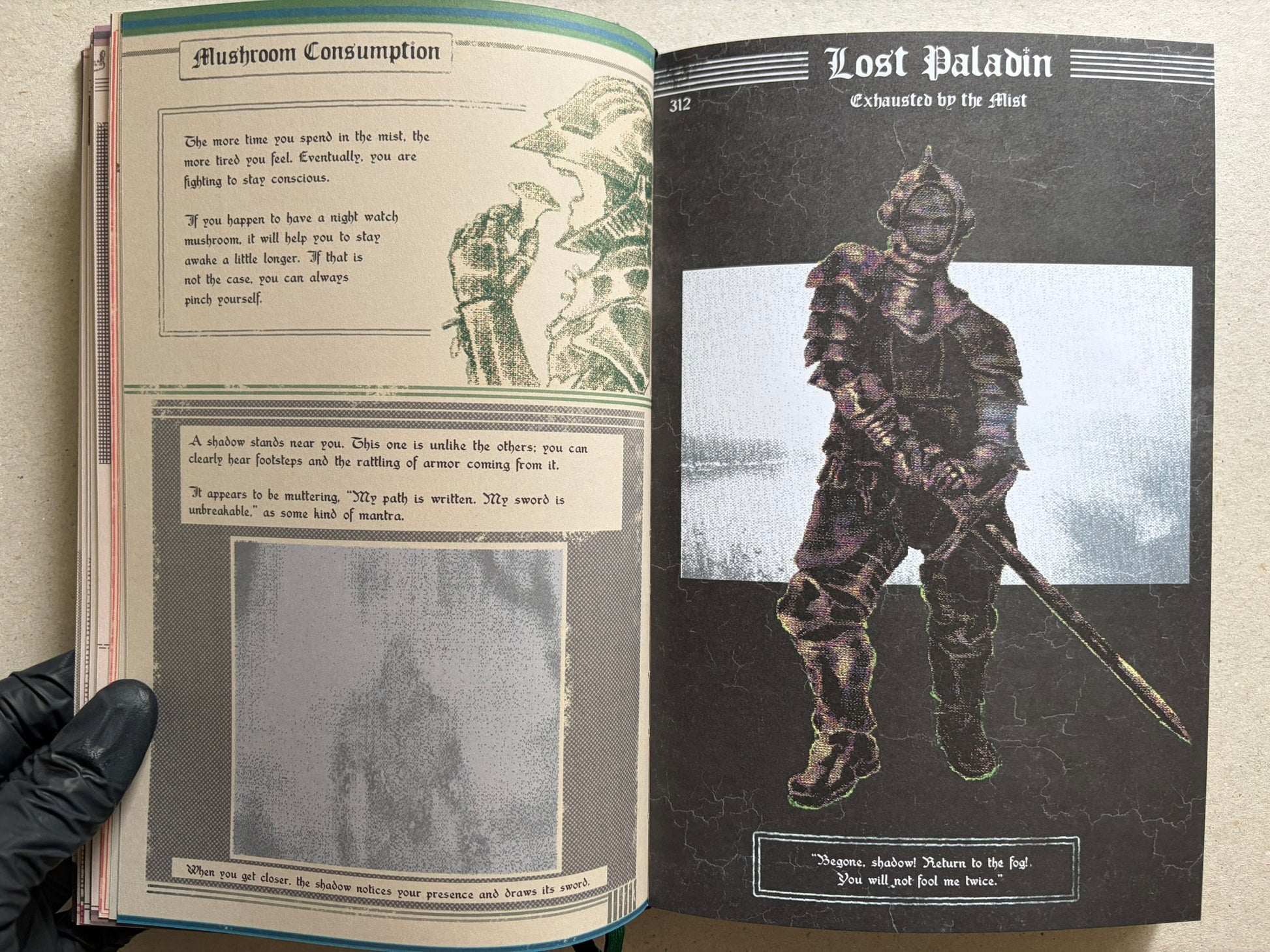 Open spread titled Mushroom Consumption and Lost Paladin, showing a pale illustrated page on the left and a dark armored figure on the right.