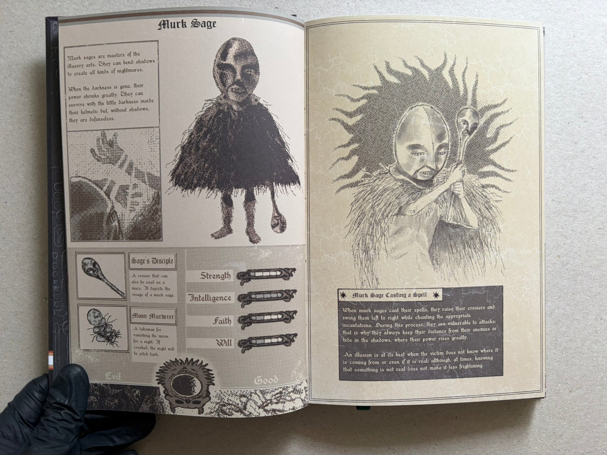 Open spread titled Murk Sage, with a masked figure on the left page and a pale face with a spiked halo on the right.