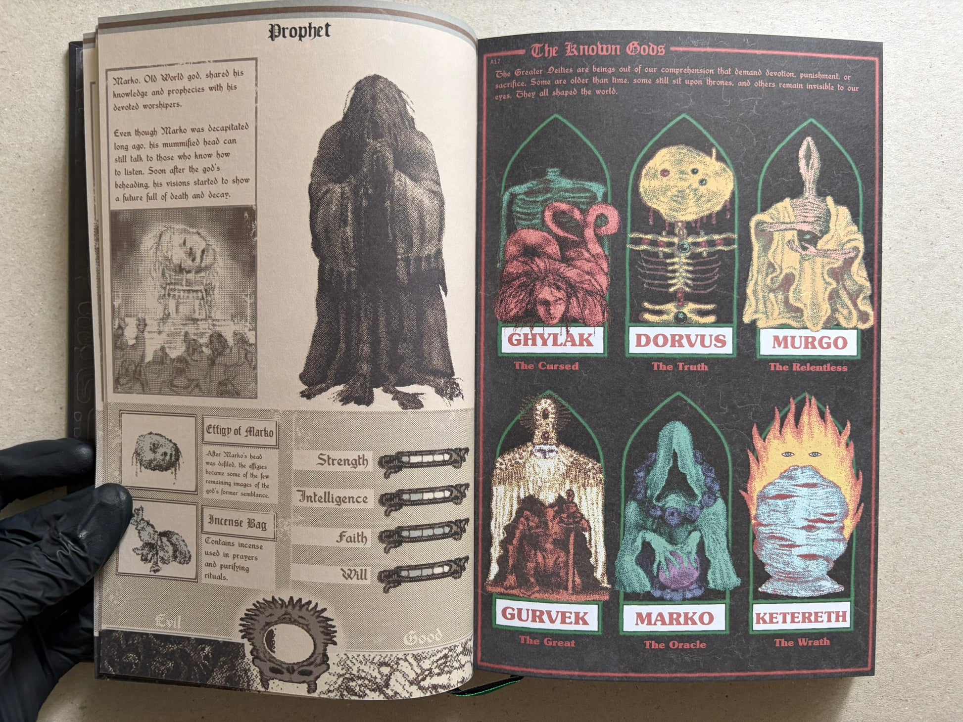 Open spread titled Prophet and The Known Gods, with a robed figure on the left and six colored figures in arched panels on the right.