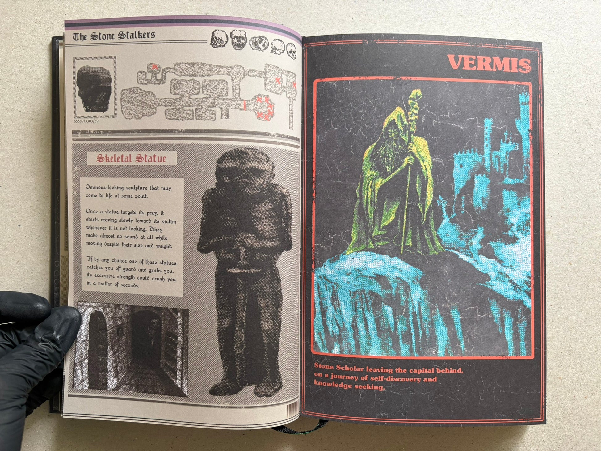 Open spread titled The Stone Stalkers, with a stone figure on the left and a robed figure over blue rock formations on the right.