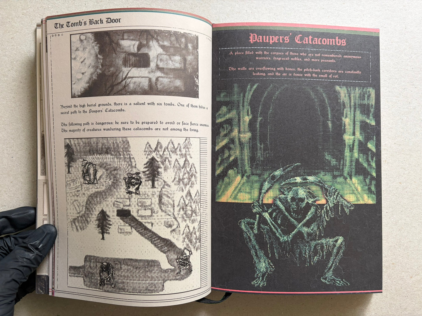 Open spread titled The Tomb's Back Door and Paupers' Catacombs, combining a grayscale map with a dark catacomb scene.
