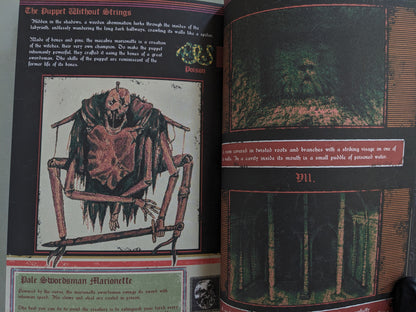 Creepy page from "Vermis I" showing a skeletal marionette titled "The Puppet Without Strings" and poisoned dungeon room