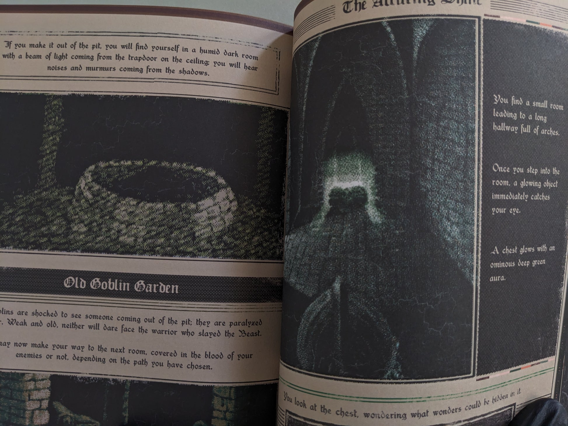 Dungeon spread showing Old Goblin Garden and a glowing object in a shrine-like corridor
