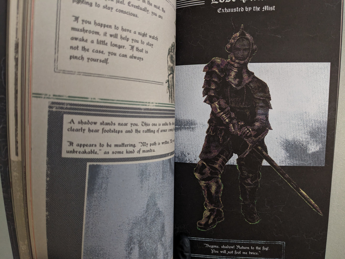 Interior page with the shadowy armored warrior Lost Pride and survival instructions set in mist