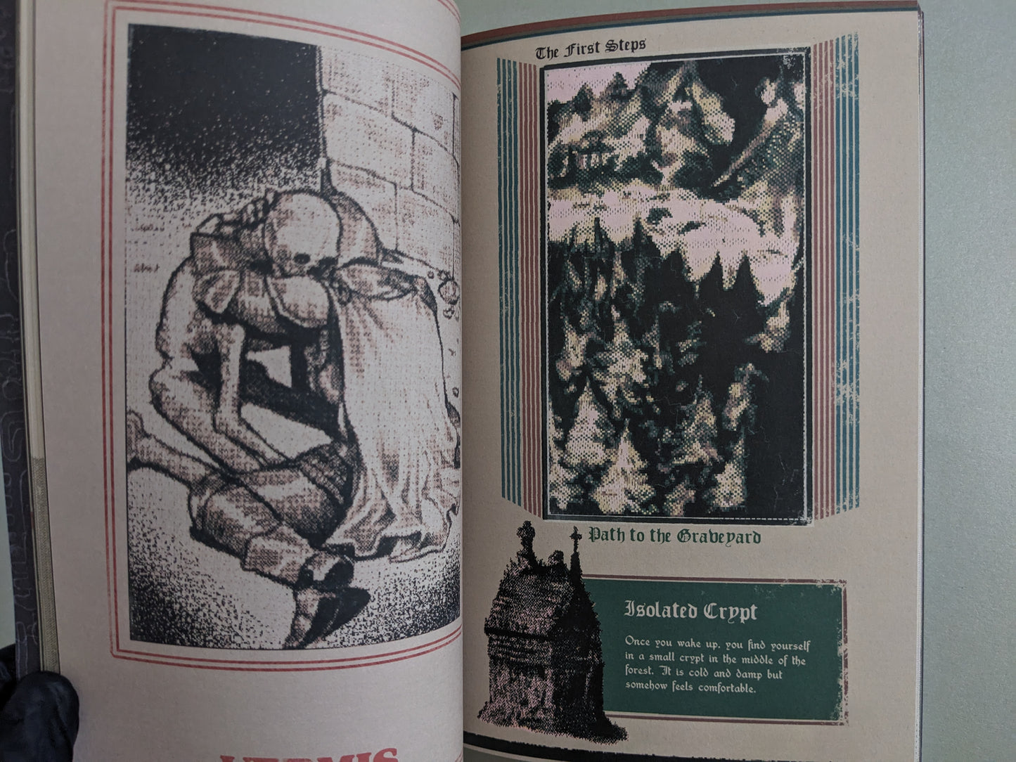 Two illustrated panels with a skeletal embrace and a cryptic map titled The First Steps – Path to the Graveyard