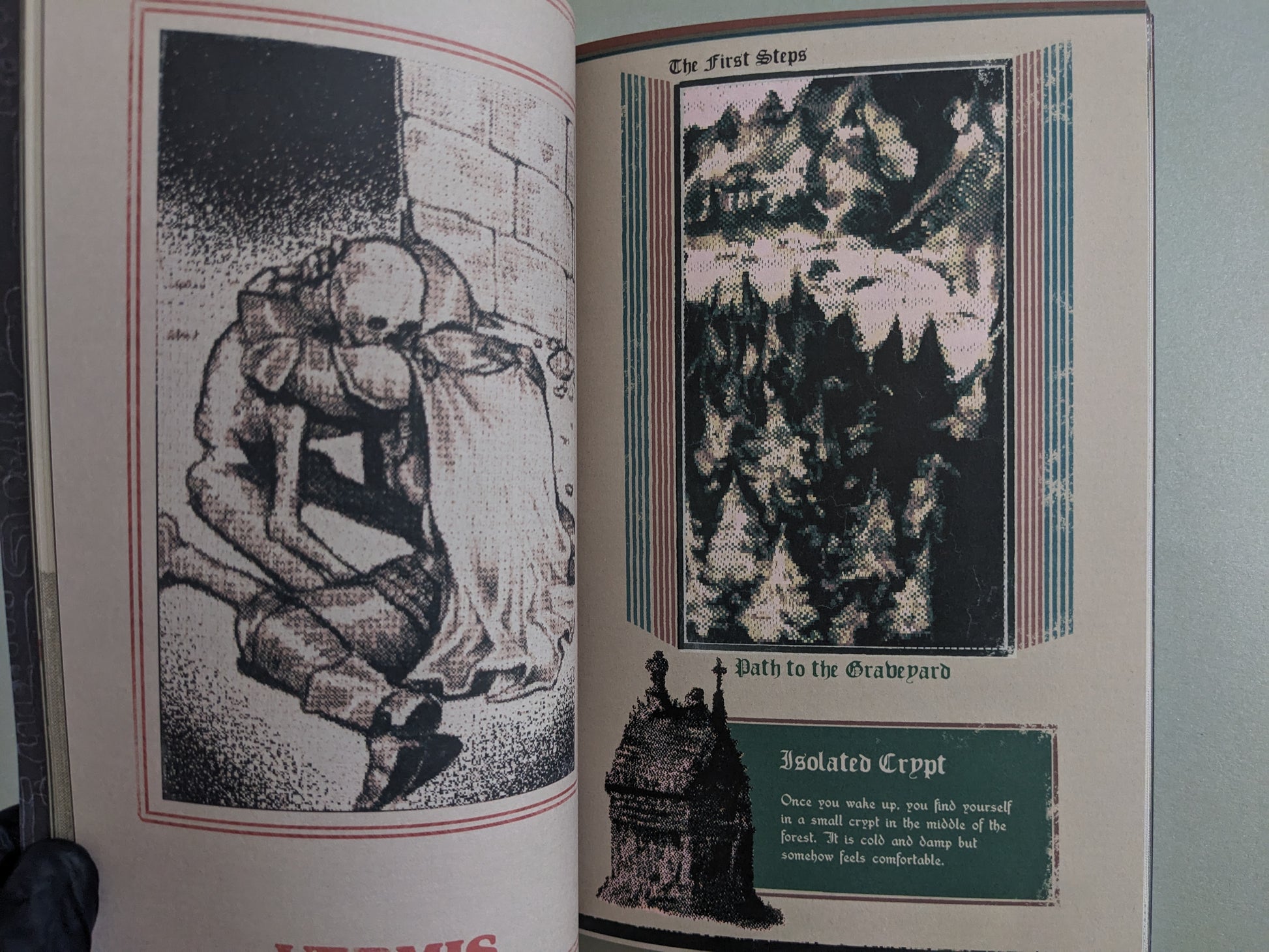 Two illustrated panels with a skeletal embrace and a cryptic map titled The First Steps – Path to the Graveyard