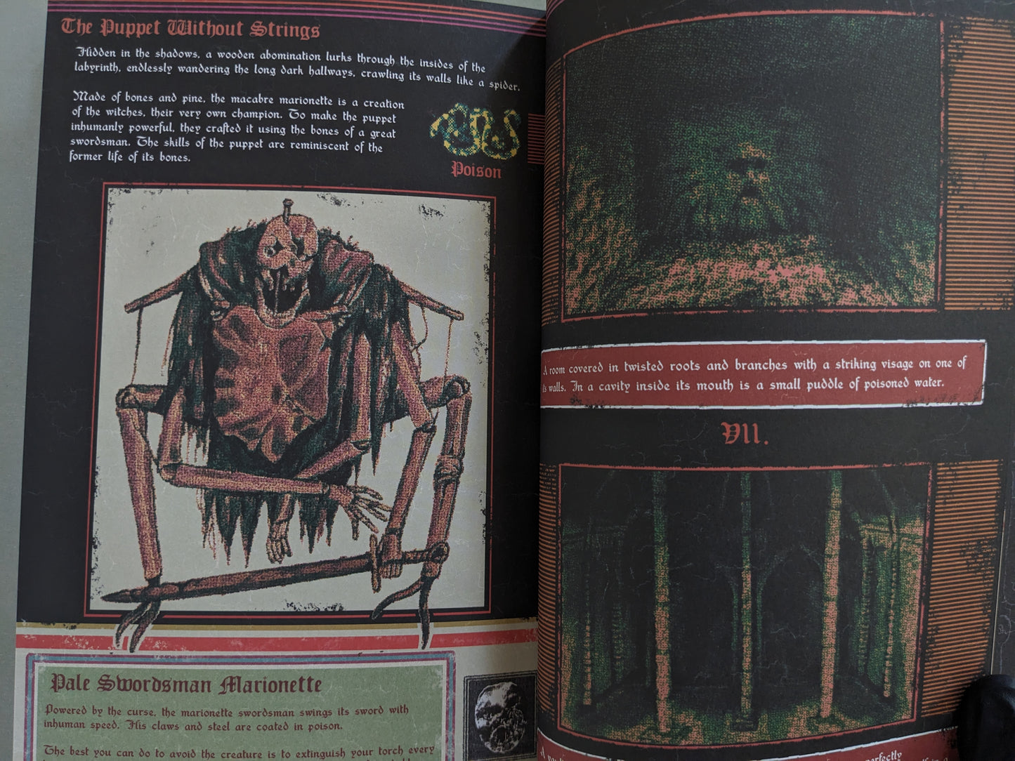 Interior page with a skeletal marionette titled The Puppet Without Strings and a poisoned dungeon room