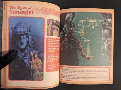 Page titled "The Eyes of a Stranger" featuring cryptic illustration and dark fantasy text
