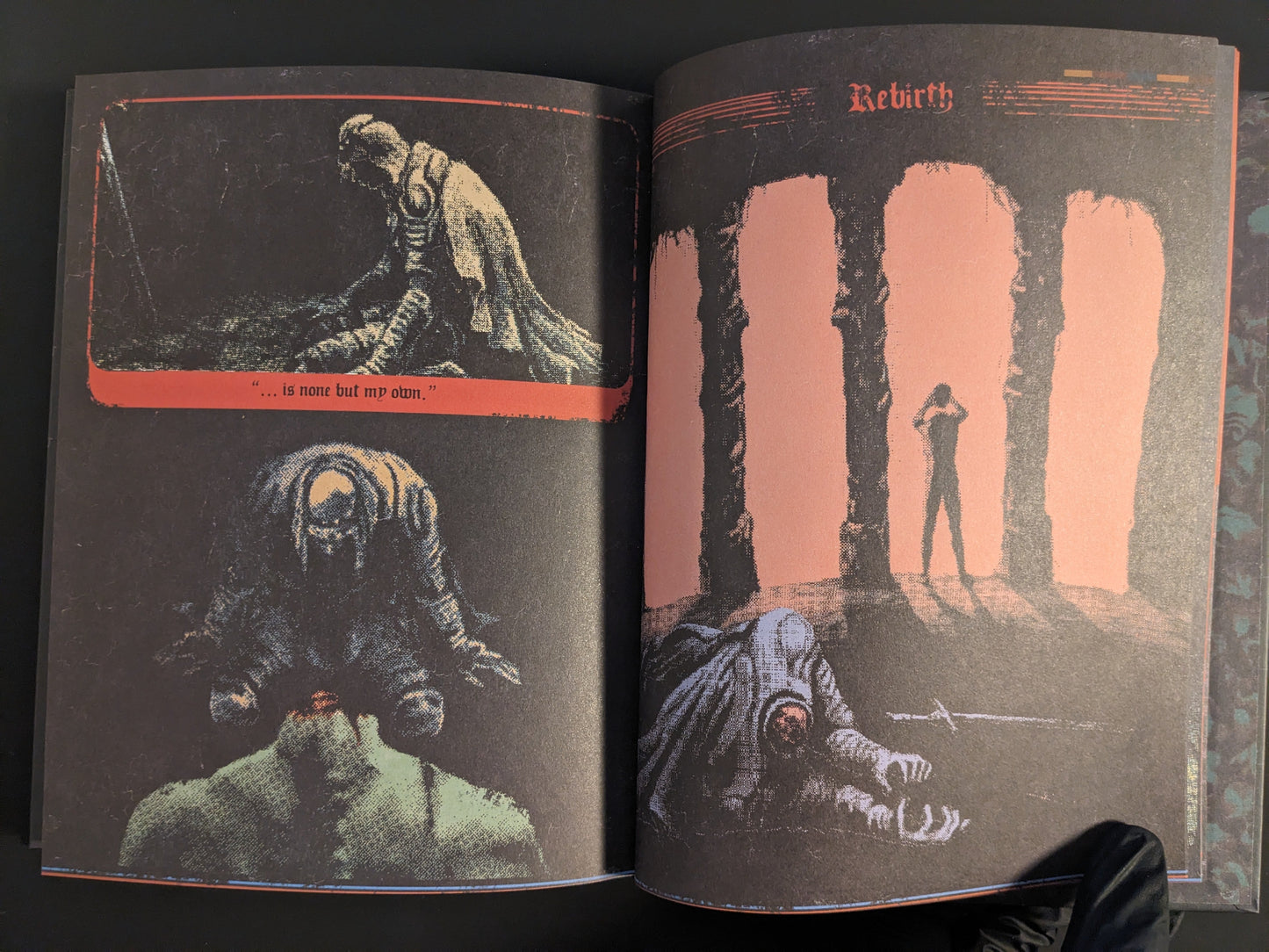 Final pages showing the "Rebirth" sequence with mysterious figures and creatures