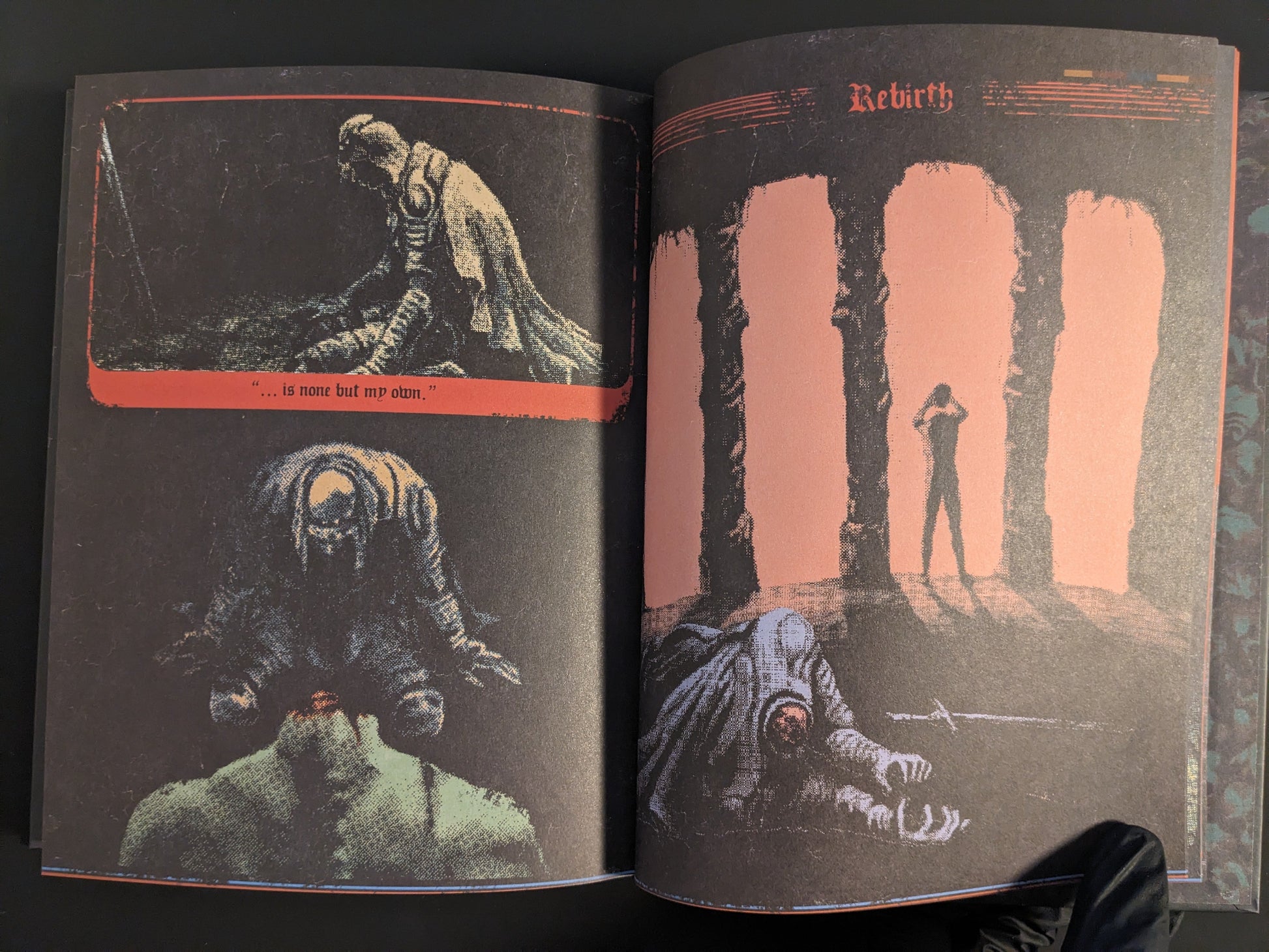 Final pages showing the "Rebirth" sequence with mysterious figures and creatures