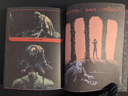 Final pages showing the "Rebirth" sequence with mysterious figures and creatures