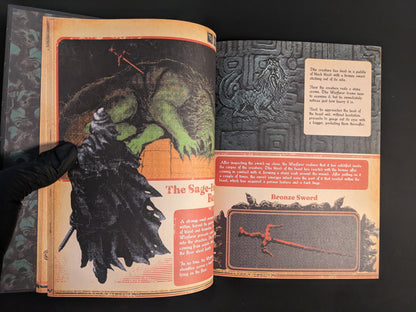 Spread with artwork of The Sage and a Bronze Sword, resembling an old video game guide