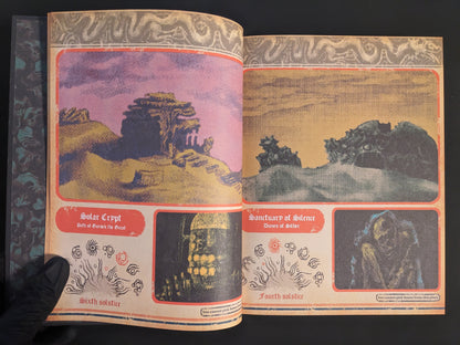 Illustrated pages showing the Solar Crypt and Sanctuary of Silence locations from Vermis II – Mist & Mirrors