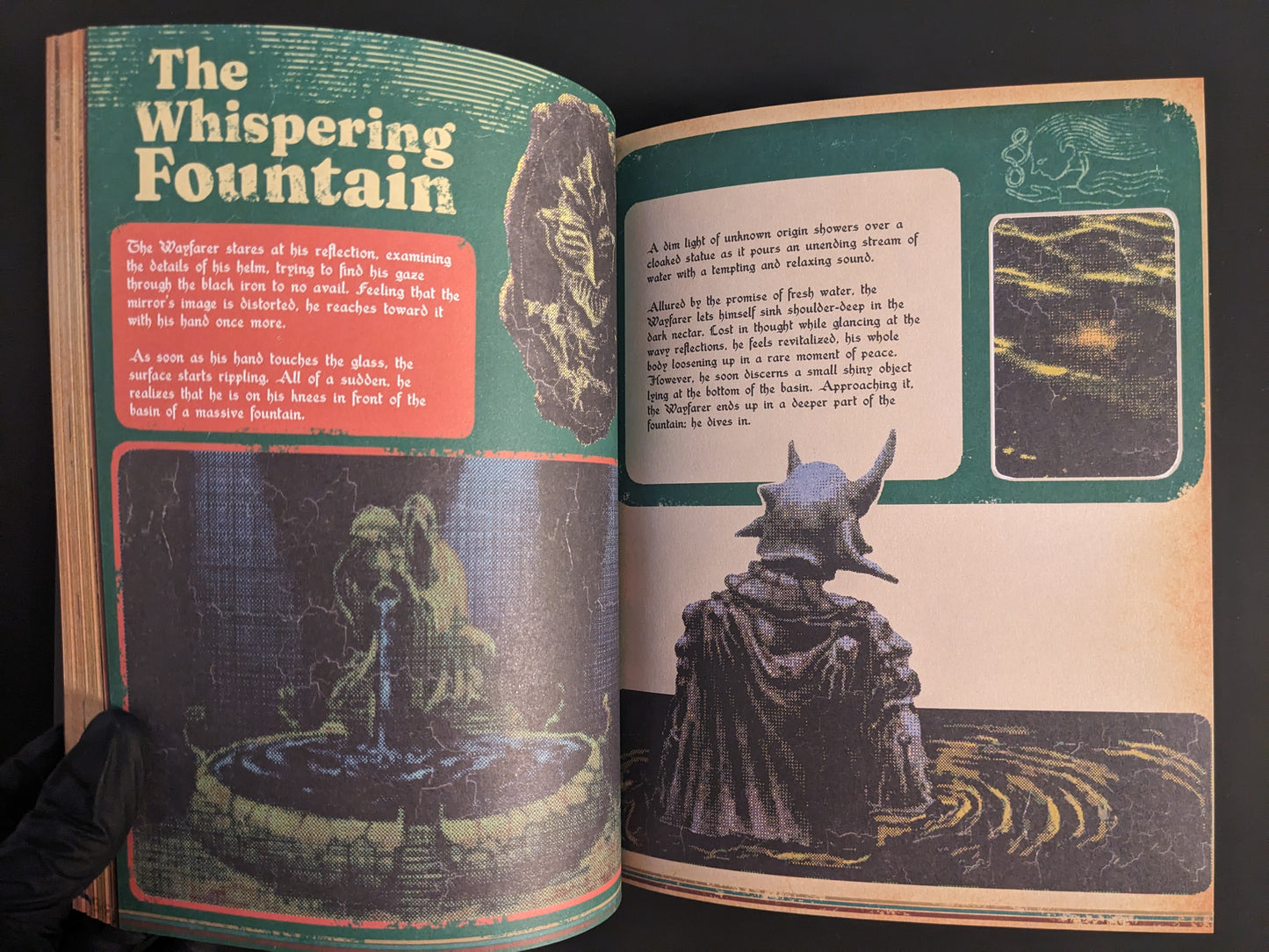 Spread depicting the Whispering Fountain with eerie, atmospheric artwork