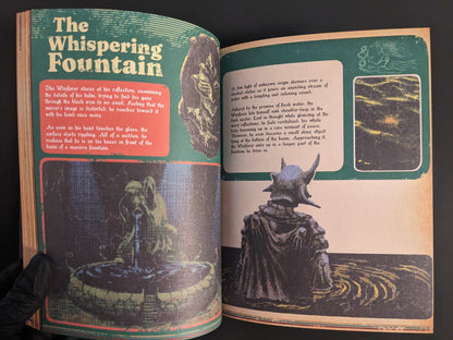 Spread depicting the Whispering Fountain with eerie, atmospheric artwork