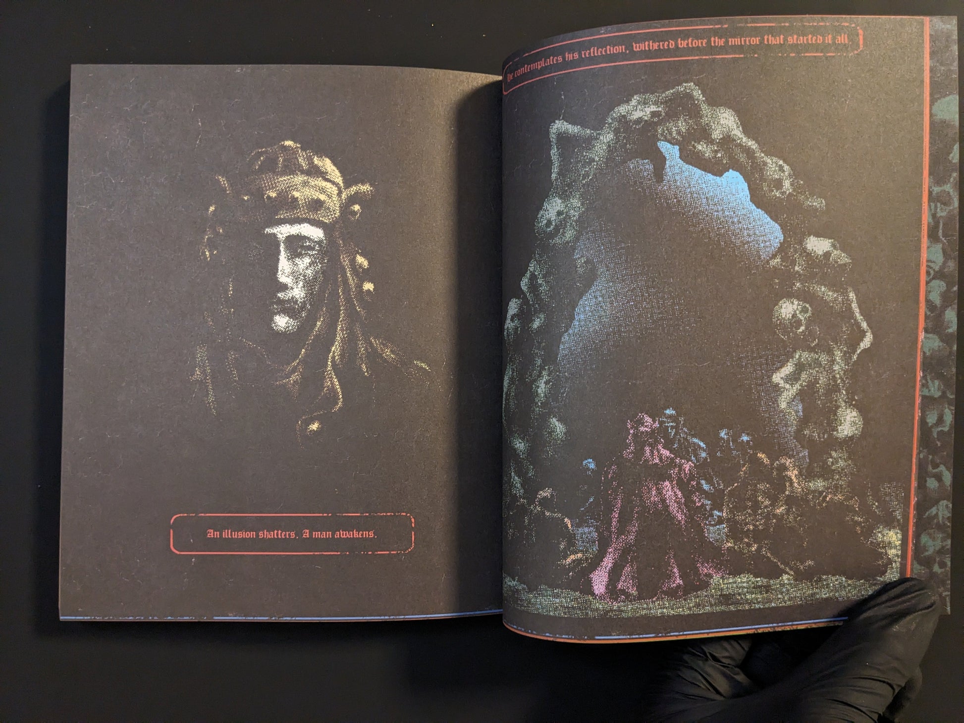 Surreal fantasy scene with a hooded character and dark cavern in "Vermis II – Mist & Mirrors".