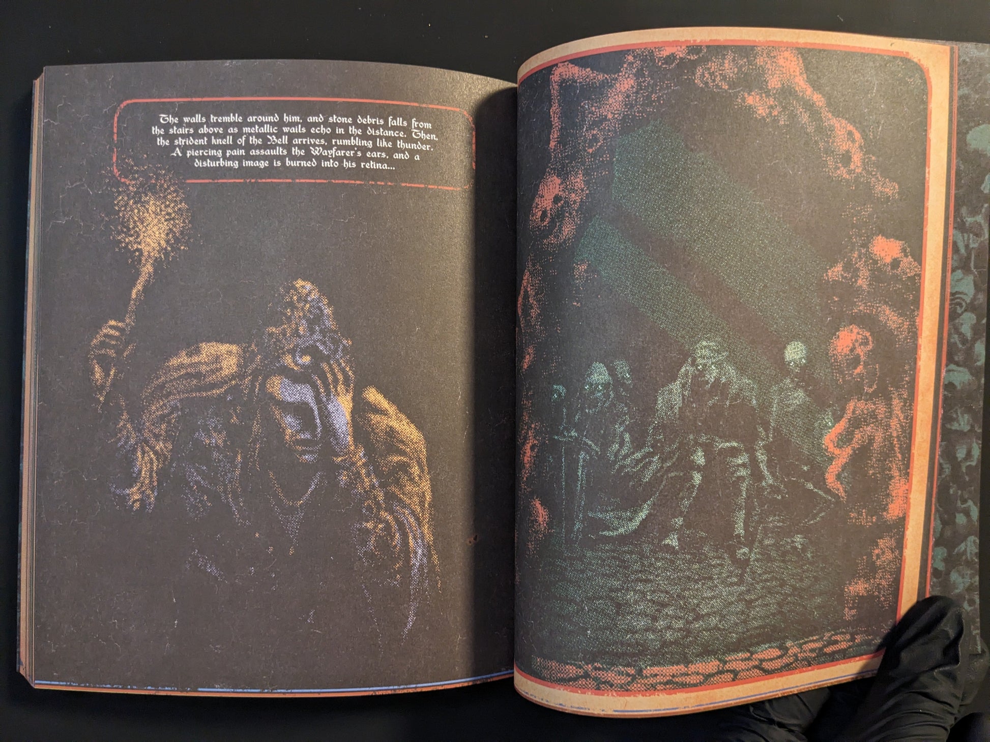 Illustration of mysterious cloaked figures in a dungeon-like setting from "Vermis II – Mist & Mirrors".