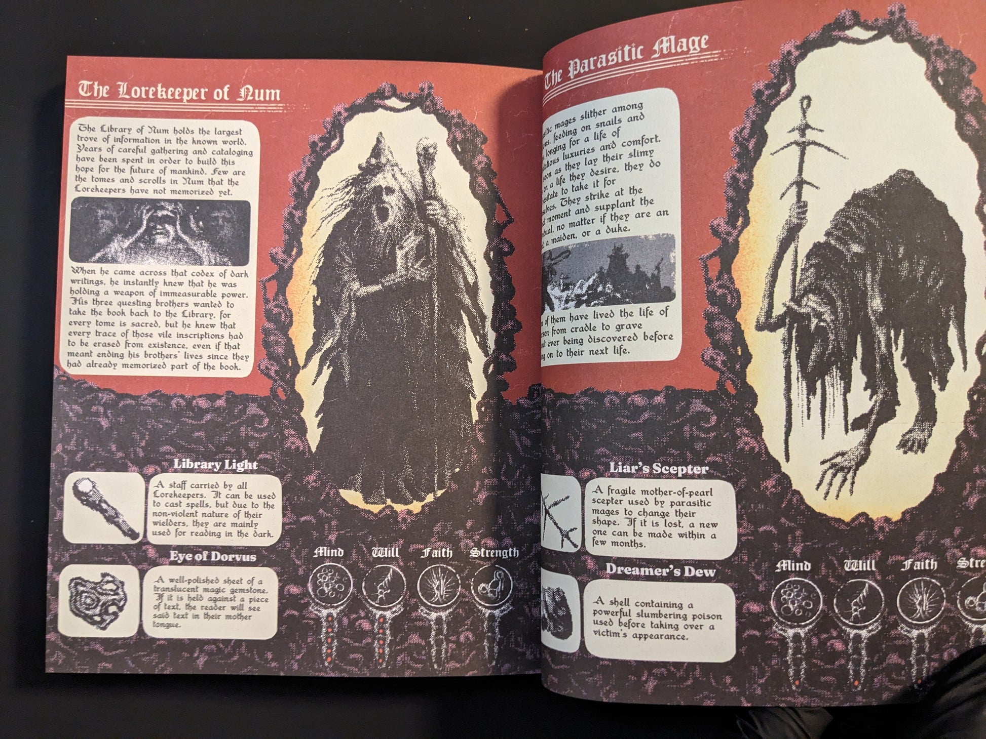 Character designs of The Parasitic Mage and The Lorekeeper of Hum with descriptions, from "Vermis II – Mist & Mirrors".