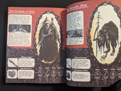 Character designs of The Parasitic Mage and The Lorekeeper of Hum with descriptions, from "Vermis II – Mist & Mirrors".