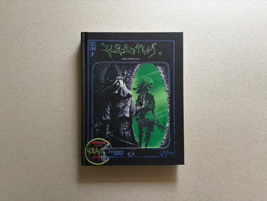 Vermis II – Mist & Mirrors (Forsaken Edition) hardcover front cover on a black background, with green title lettering and a central figure framed by a bright green portal.
