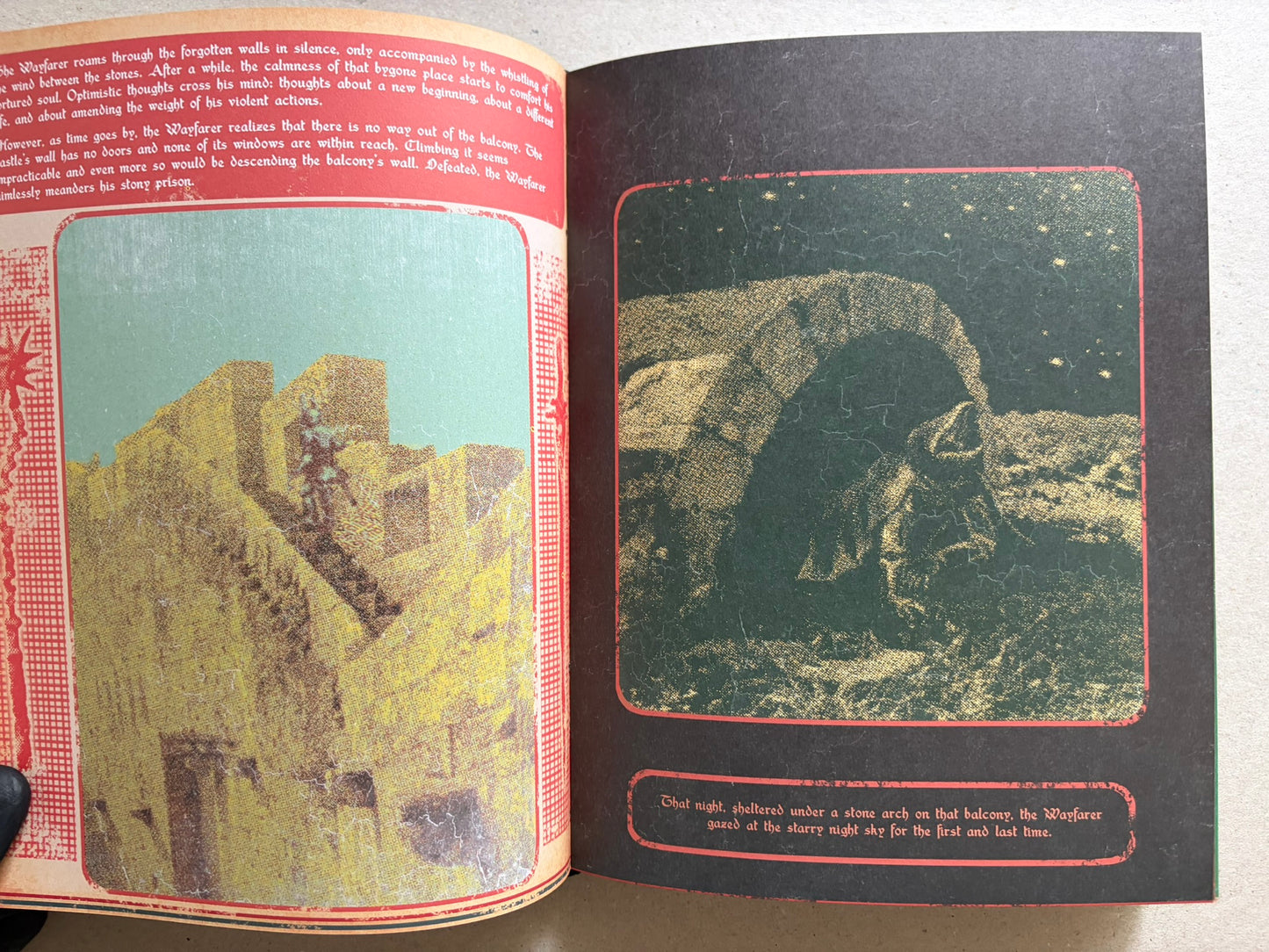 Open spread with a red text band at the top, a pale stone arch on the left page, and a dark figure in a doorway on the right page.