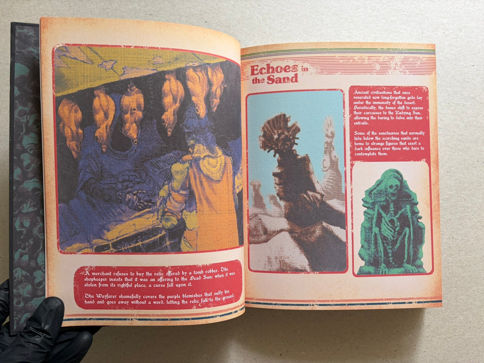 Open spread with illustrated pages in warm tones, including the heading 'Echoes in the Sand' and several framed fantasy scenes.