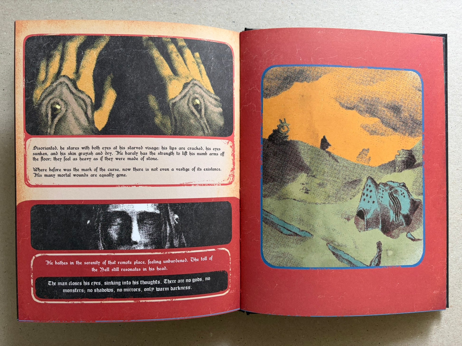 Open spread with a close-up face illustration on the left and a landscape scene on the right, both framed by red borders.