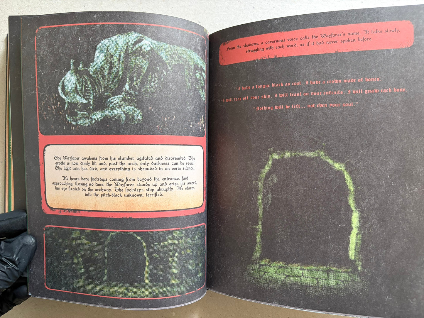 Open spread with a creature illustration on the left and a mostly black page on the right, with a red text band and a glowing green doorway.
