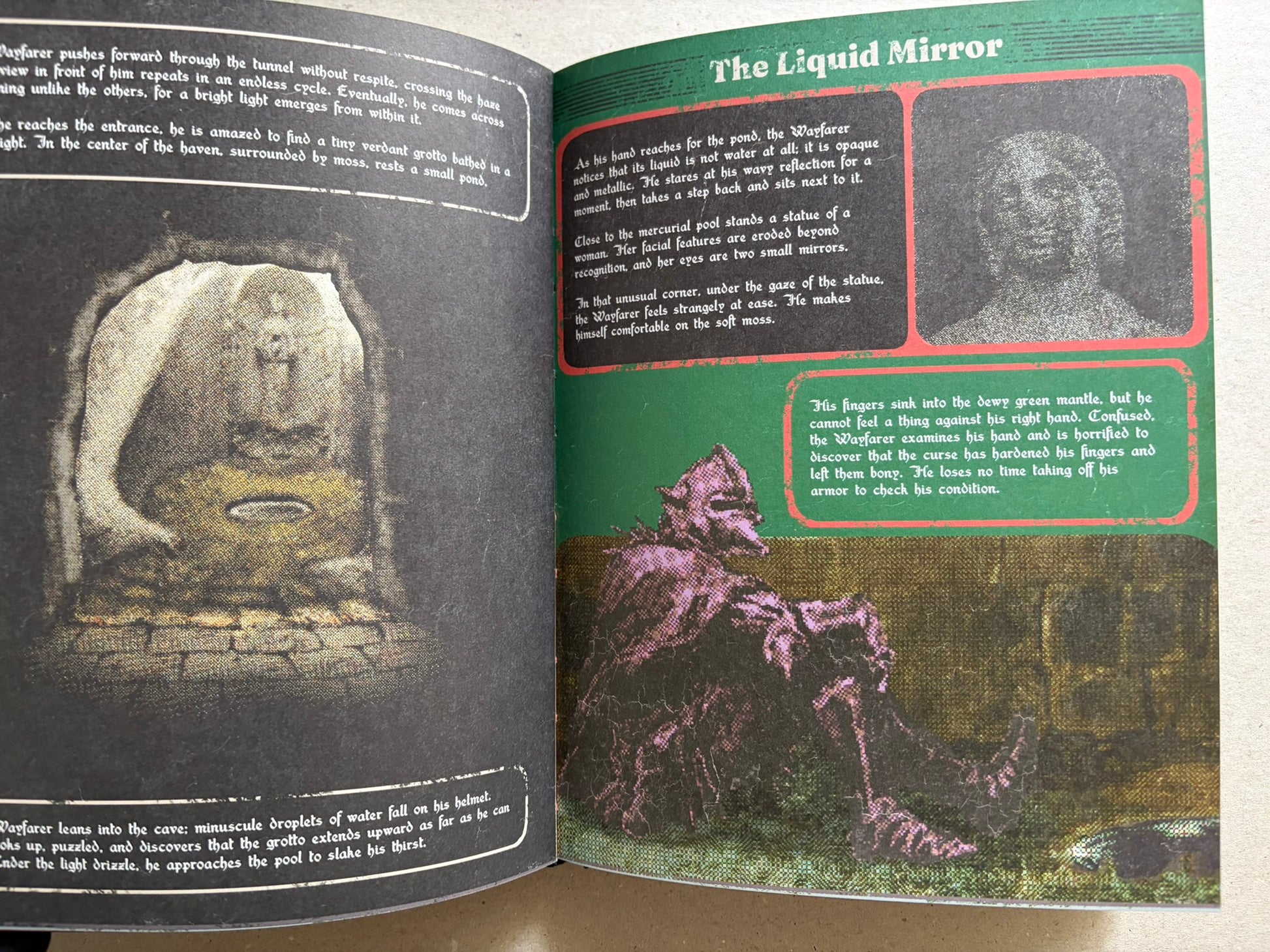 Open spread titled 'The Liquid Mirror', with a stone face in a cave on the left page and a green page with a seated figure on the right.
