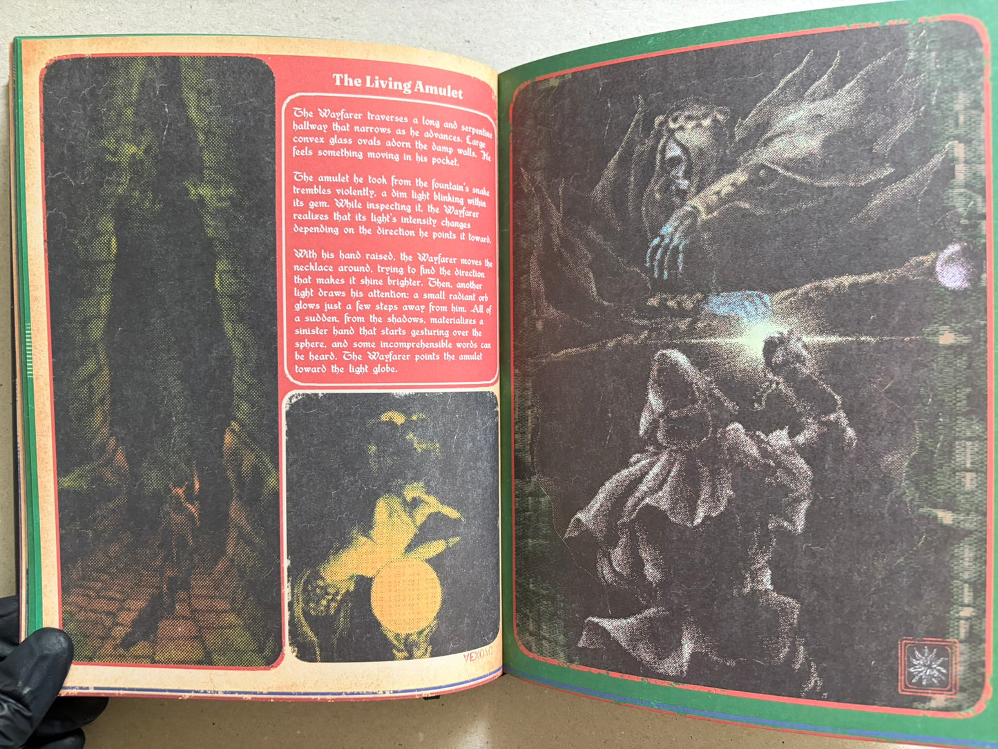 Open spread titled 'The Living Amulet', with a tall dark figure on the left and a winged creature on the right.
