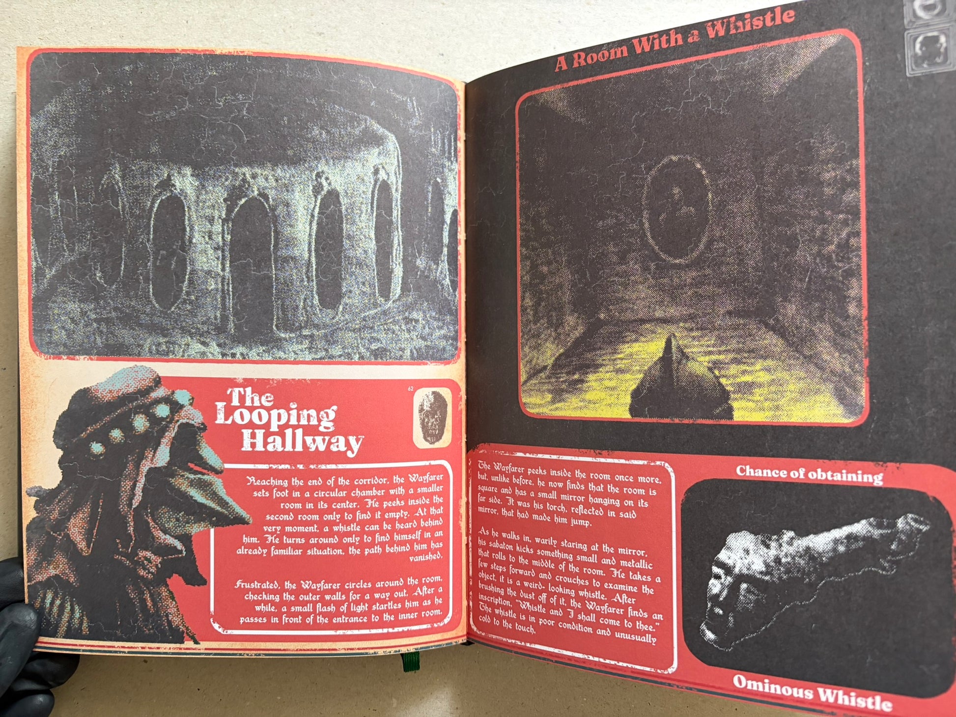 Open spread titled 'The Looping Hallway' and 'A Room With a Whistle', with dungeon-like scenes, text blocks, and a small object illustration.
