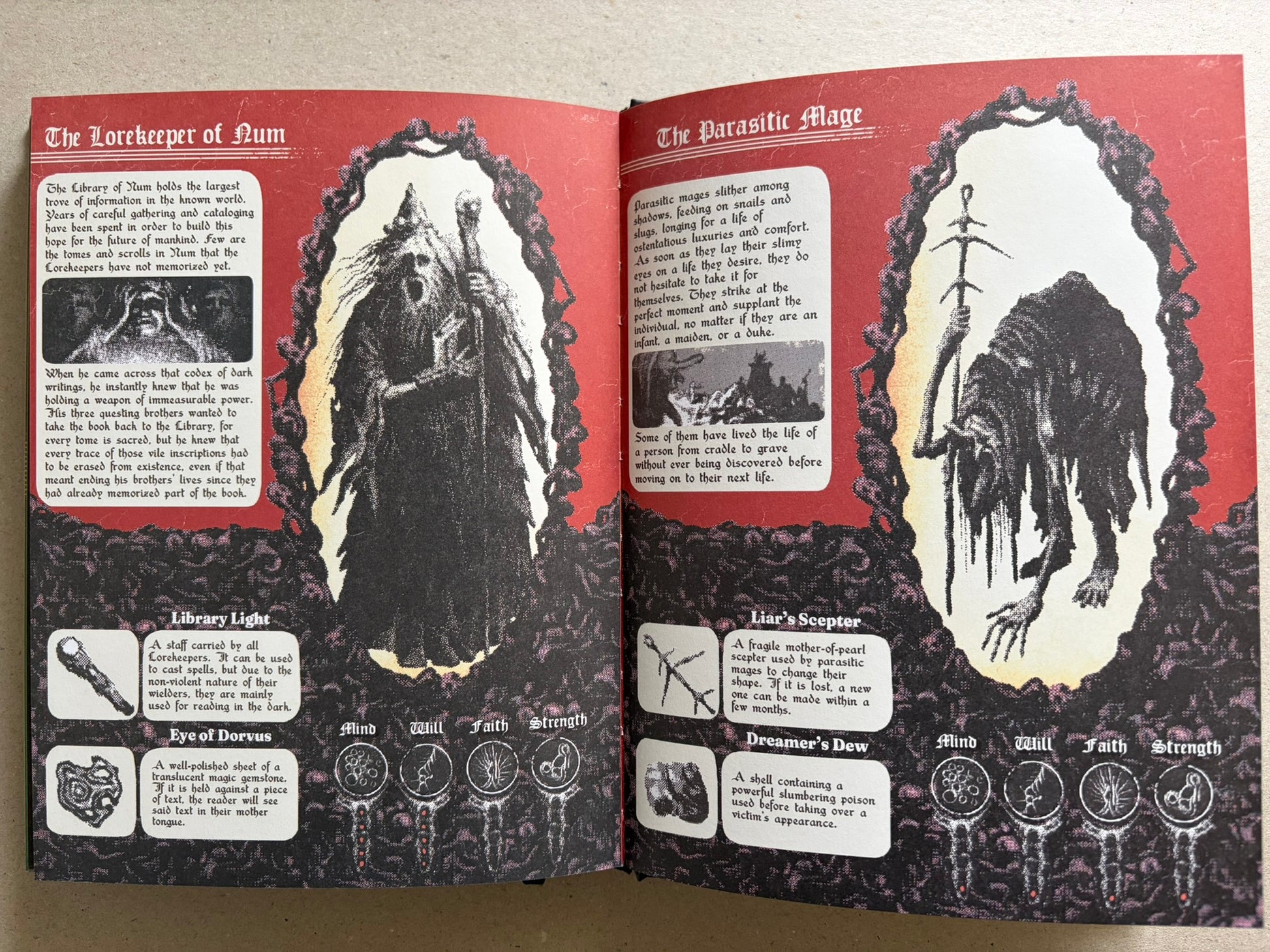 Interior spread with two robed figures in ornate frames, labeled 'The Lorekeeper of Num' and 'The Parasitic Mage'.