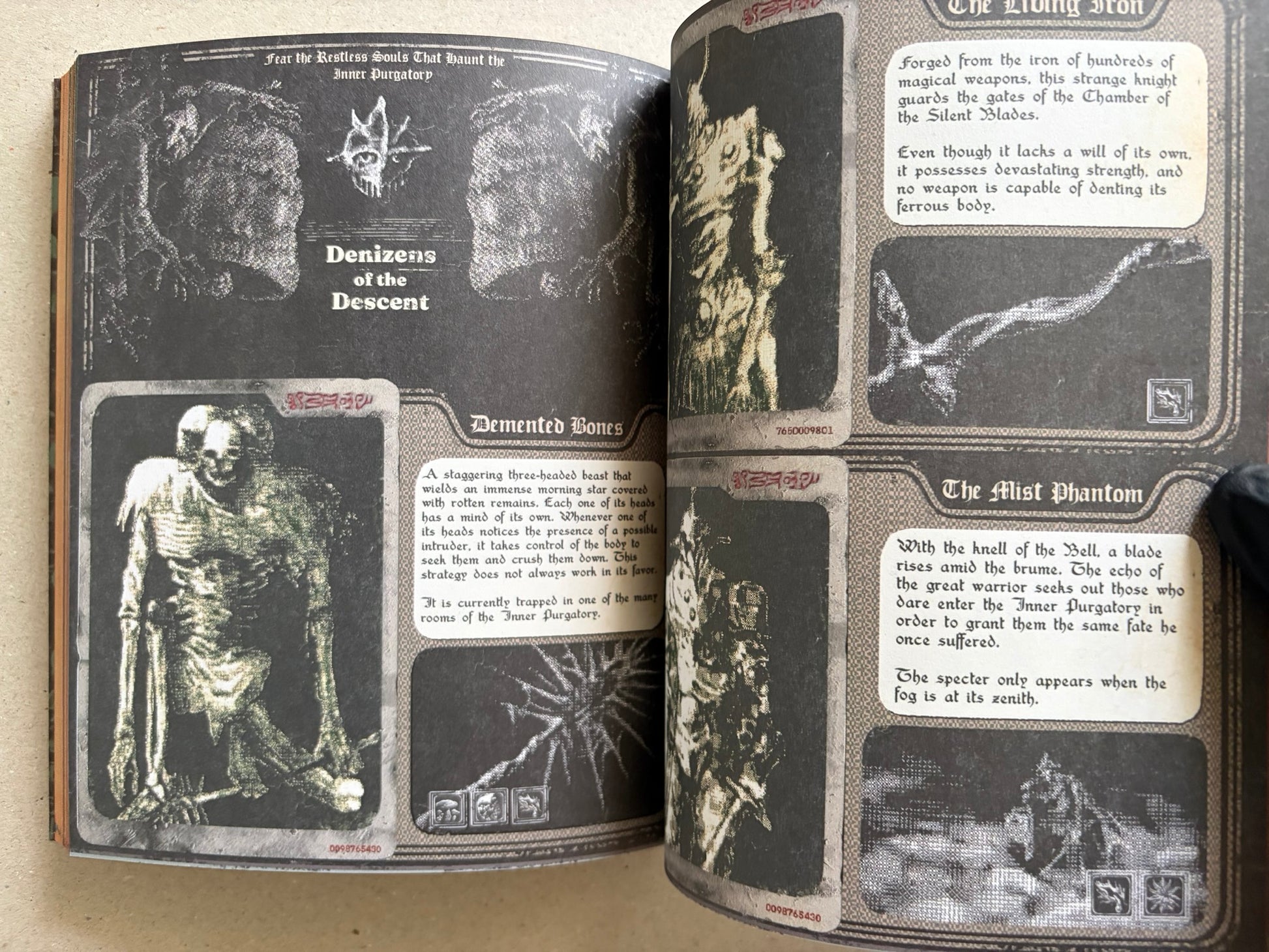 Open spread with multiple monster portraits and captions, including Denizens of the Descent and The Mist Phantom.